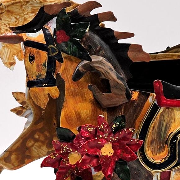 Vintage Metal Rocking Horse Carriage Planter w Poinsettia Accents Holiday Decor - Picture 4 of 10